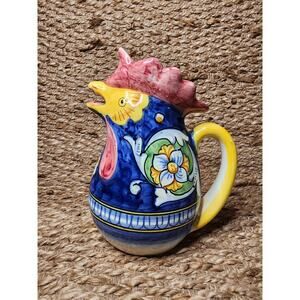 Pottery Majolica Rooster Pitcher Handmade Painted Italy Marked Dip. A Mano 9.5"